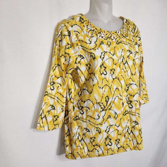 Breckenridge Petite Womens Top Size PM Yellow Black Embellished Neck 3/4 Sleeve - Picture 6 of 10